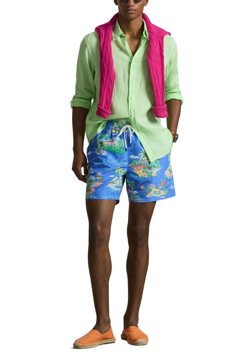 Polo Ralph Lauren Traveler Classic Polo Bear Print Swim Trunks, Alternate, color, Bahamas Bear