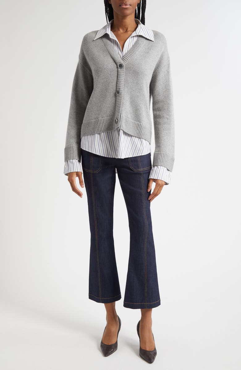 Cinq à Sept Megan Mixed Media Pullover Sweater, Alternate, color, Heather Grey/ Blue Stripe