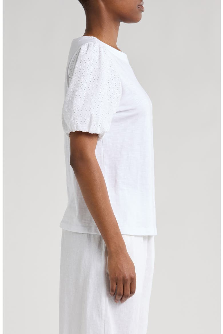 Eyelet Puff Sleeve Organic Cotton Top, Alternate, color, WHITE