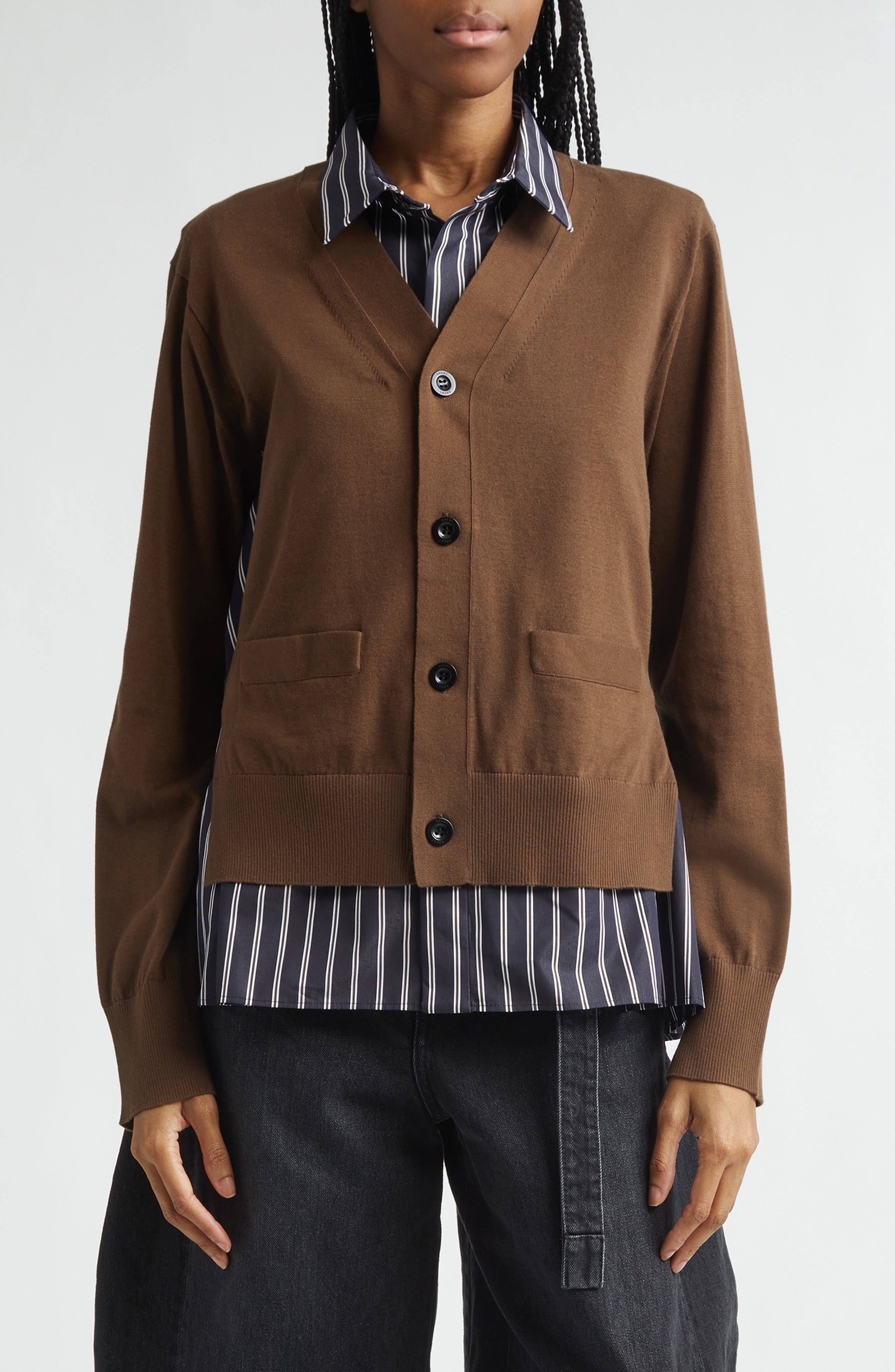 Mixed Media Poplin & Knit Cardigan - image 3