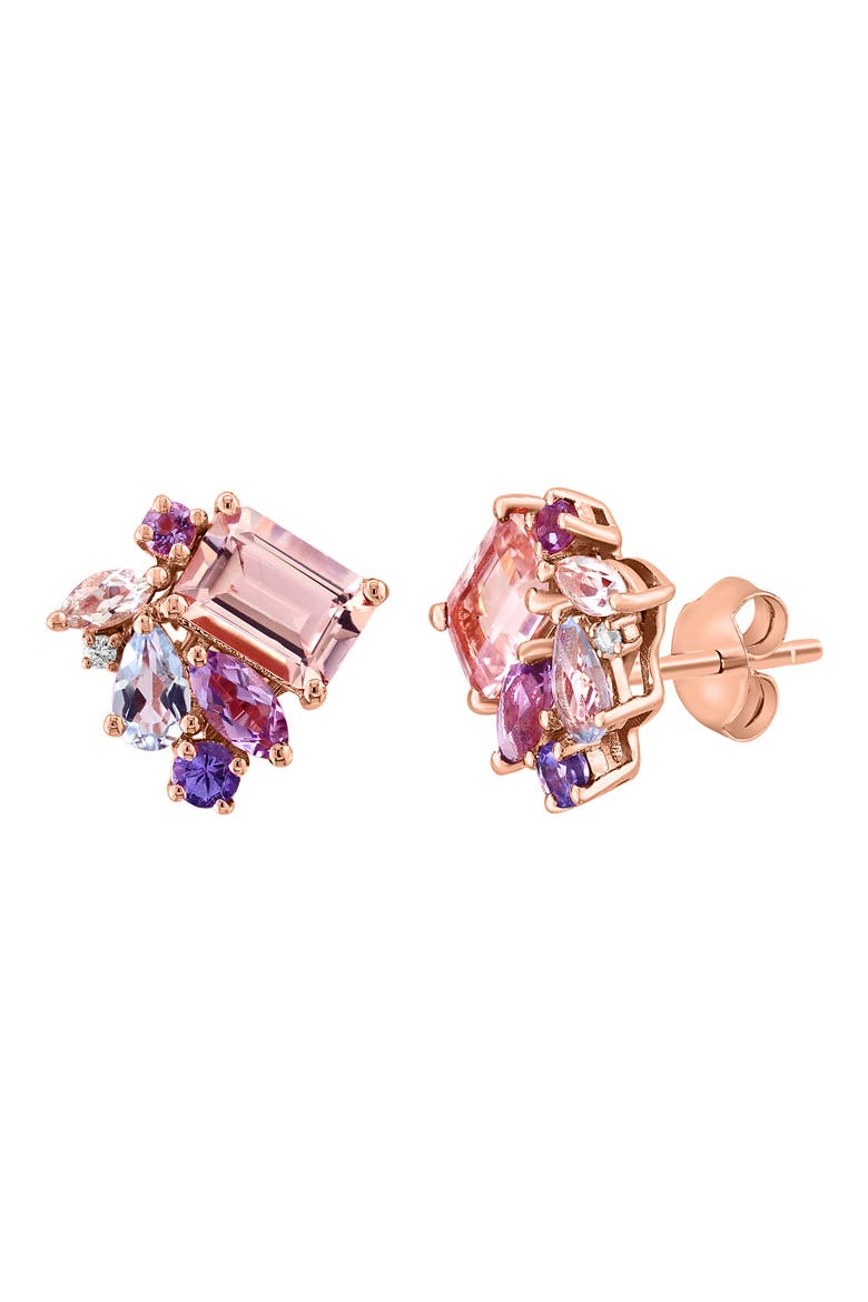 14K Rose Gold Multi Amethyst Aquamarine Morganite Tanzanite & Diamond Stud Earrings, Alternate, color, MULTI