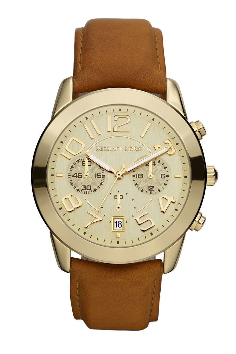 Michael Kors Chronograph Leather Strap Watch, 41mm, Main, color, GOLD/ BROWN