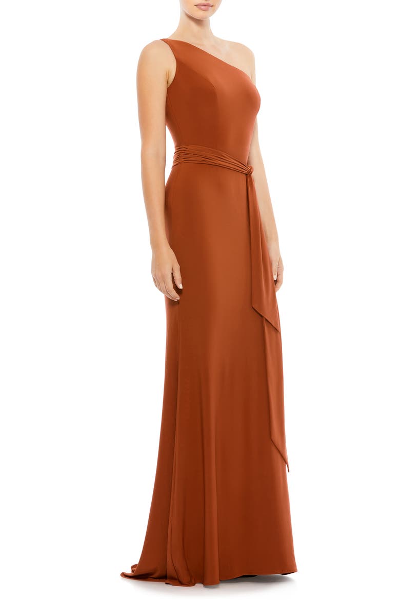 Jersey One Shoulder Belted Trumpet Gown, Alternate, color, BRICK