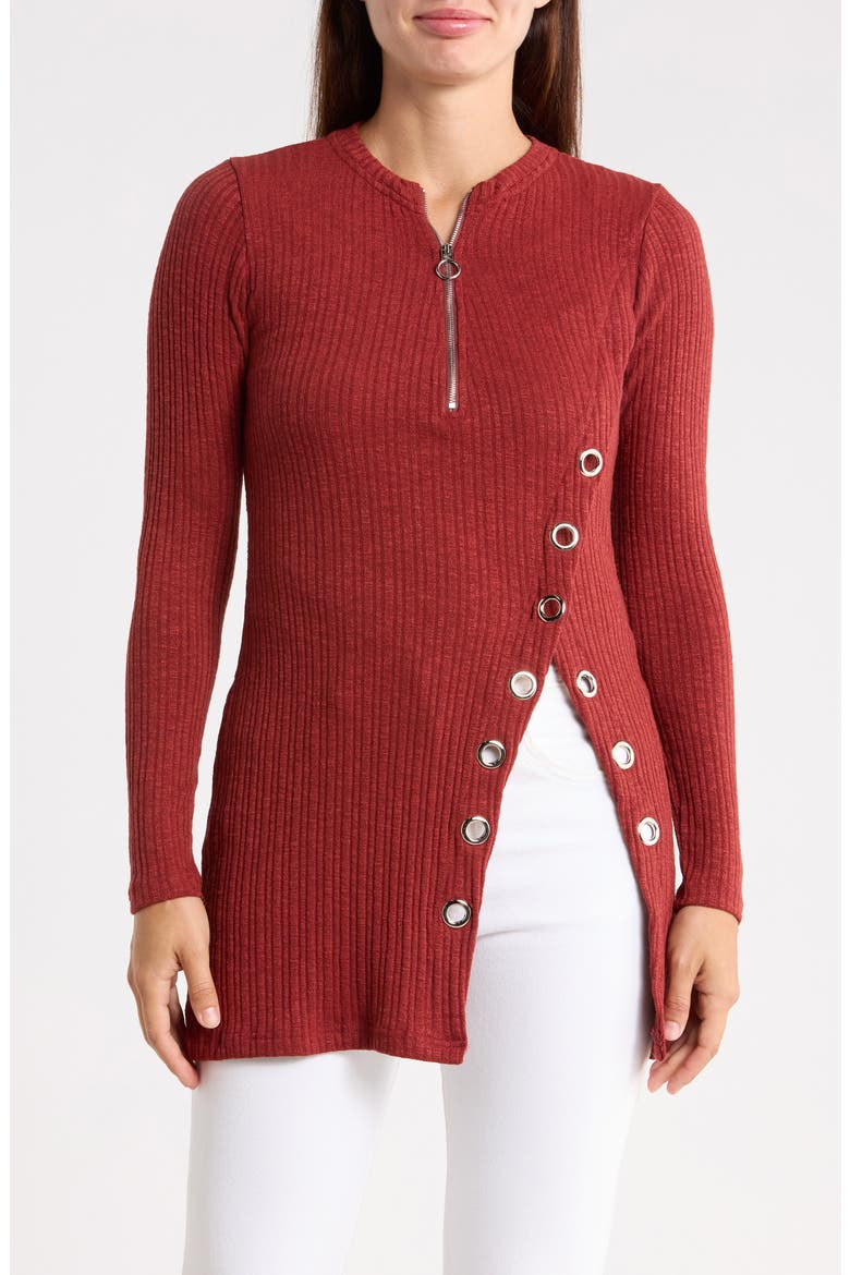 Grommet Half Zip Ribbed Tunic Top, Main, color, RUST