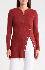 PATRIZIA LUCA Grommet Half Zip Ribbed Tunic Top