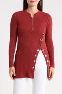 PATRIZIA LUCA Grommet Half Zip Ribbed Tunic Top