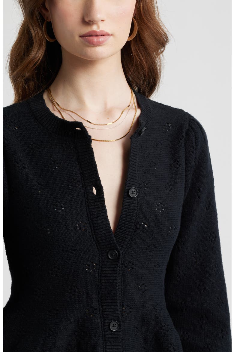 Pointelle Peplum Cardigan, Alternate, color, BLACK