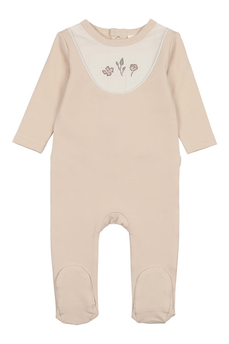 Embroidered Bib Cotton Blend Footie, Main, color, BISCUIT