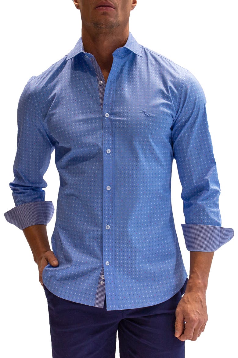 Microprint Long Sleeve Stretch Cotton Button-Up Shirt, Main, color, BLUE