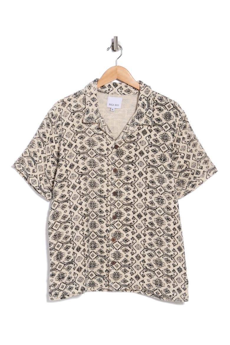 Mahendra Short Sleeve Cotton & Silk Blend Button-Up Camp Shirt Shirt, Alternate, color, BLACK/ WHITE MULTI
