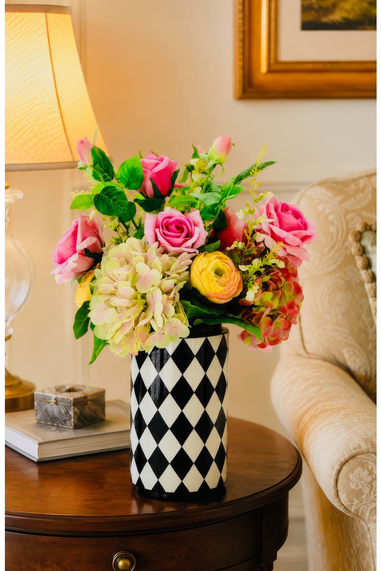 Hydrangea and Rose Arrangement in Vase, Alternate, color, Pink