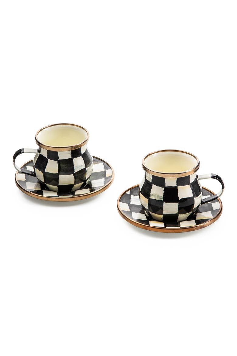 Courtly Check Enameled Steel Espresso Cups & Saucers Set, Main, color, BLACK/ WHITE