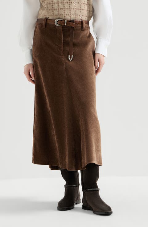 Fluid Corduroy Flute Skirt With Monili