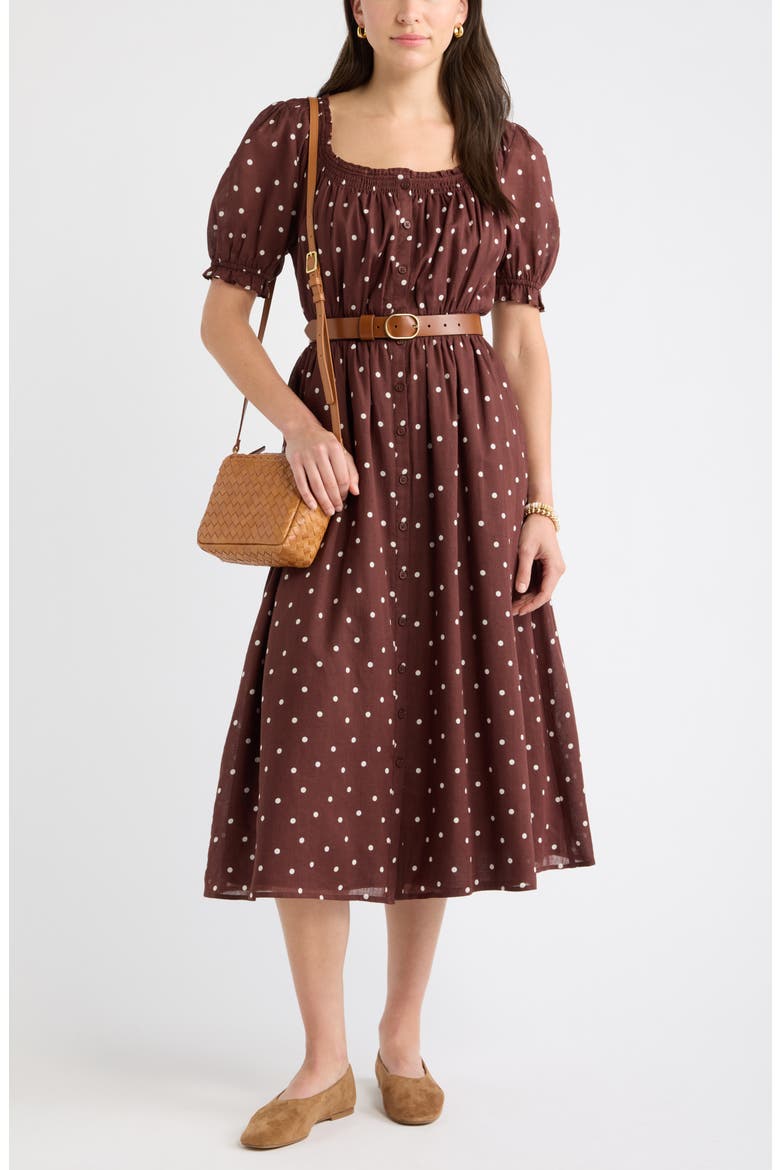 Smocked Midi Dress, Alternate, color, BROWN IVORY TOSS DOT