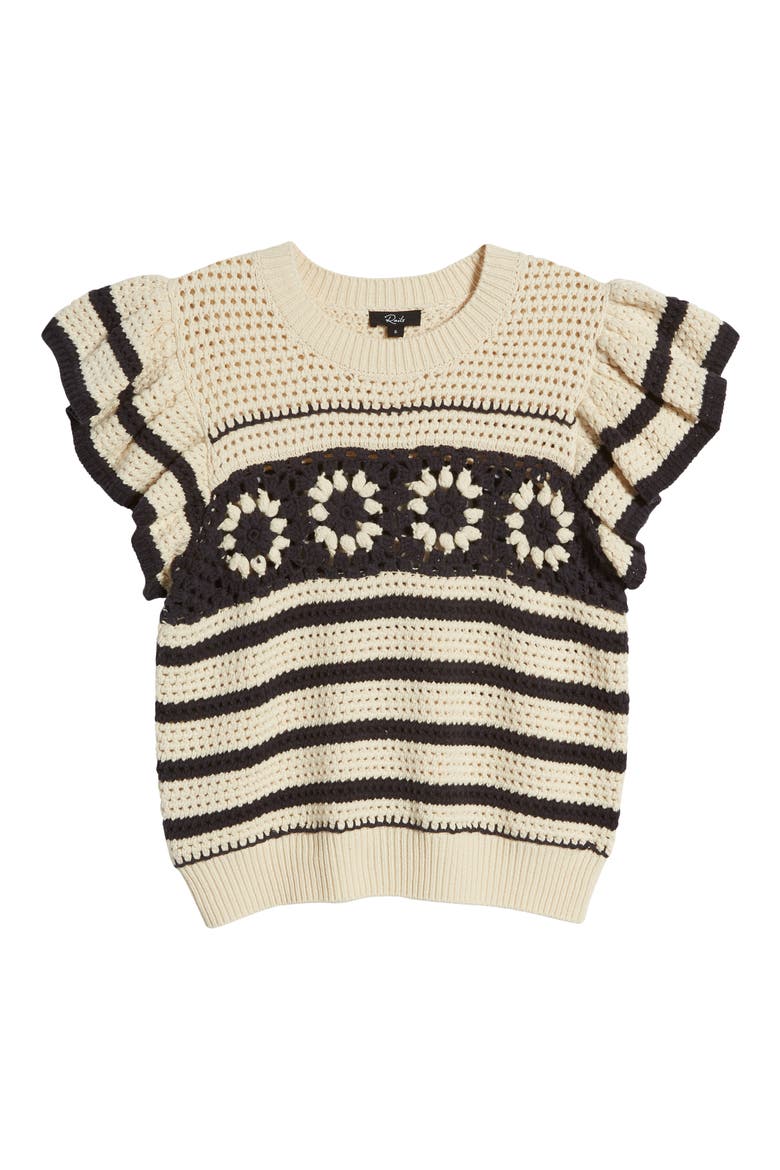Penelope Short Sleeve Open Stitch Sweater, Alternate, color, OAT NAVY CROCHET STRIPE