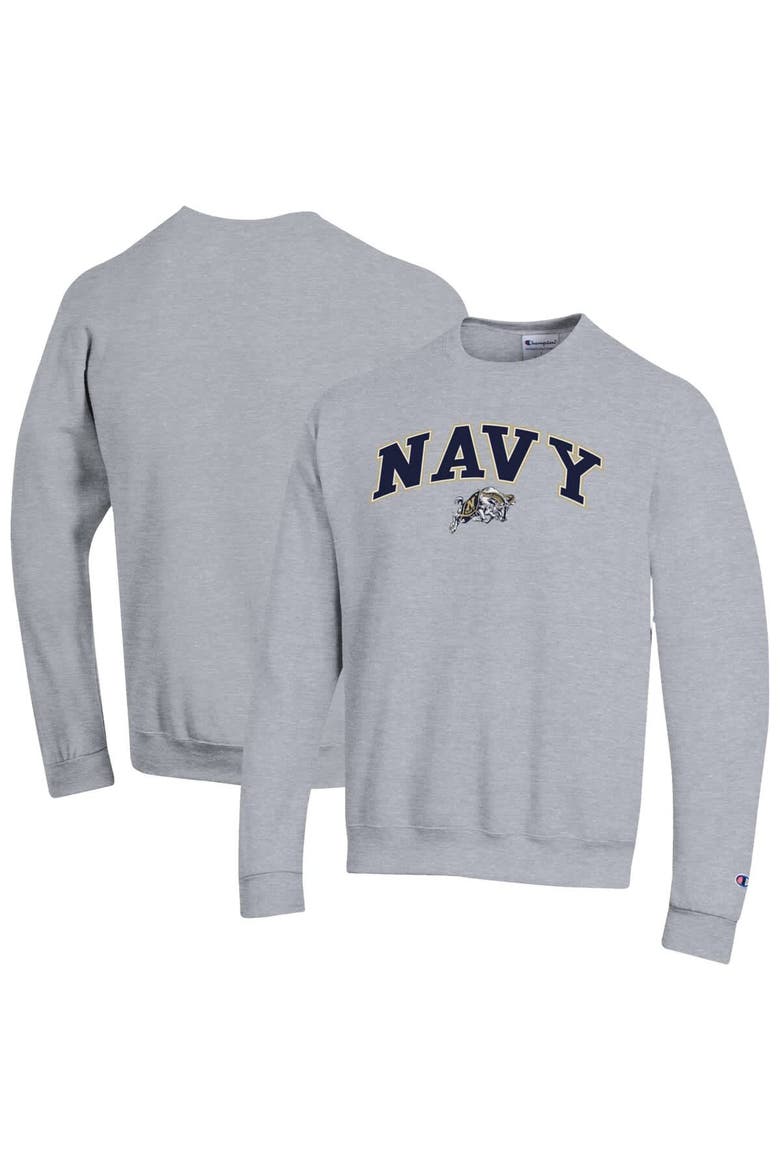 Men's Champion  Heather Gray Navy Midshipmen Arch Over Logo Pullover Sweatshirt, Main, color, Heather Gray