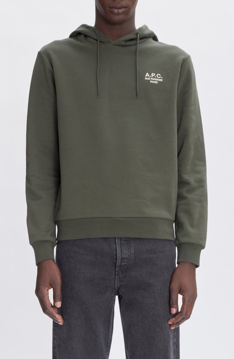 A.P.C. Rue Madame Embroidered Stretch Cotton Hoodie, Main, color, Tjk Military Kaki/Ecru
