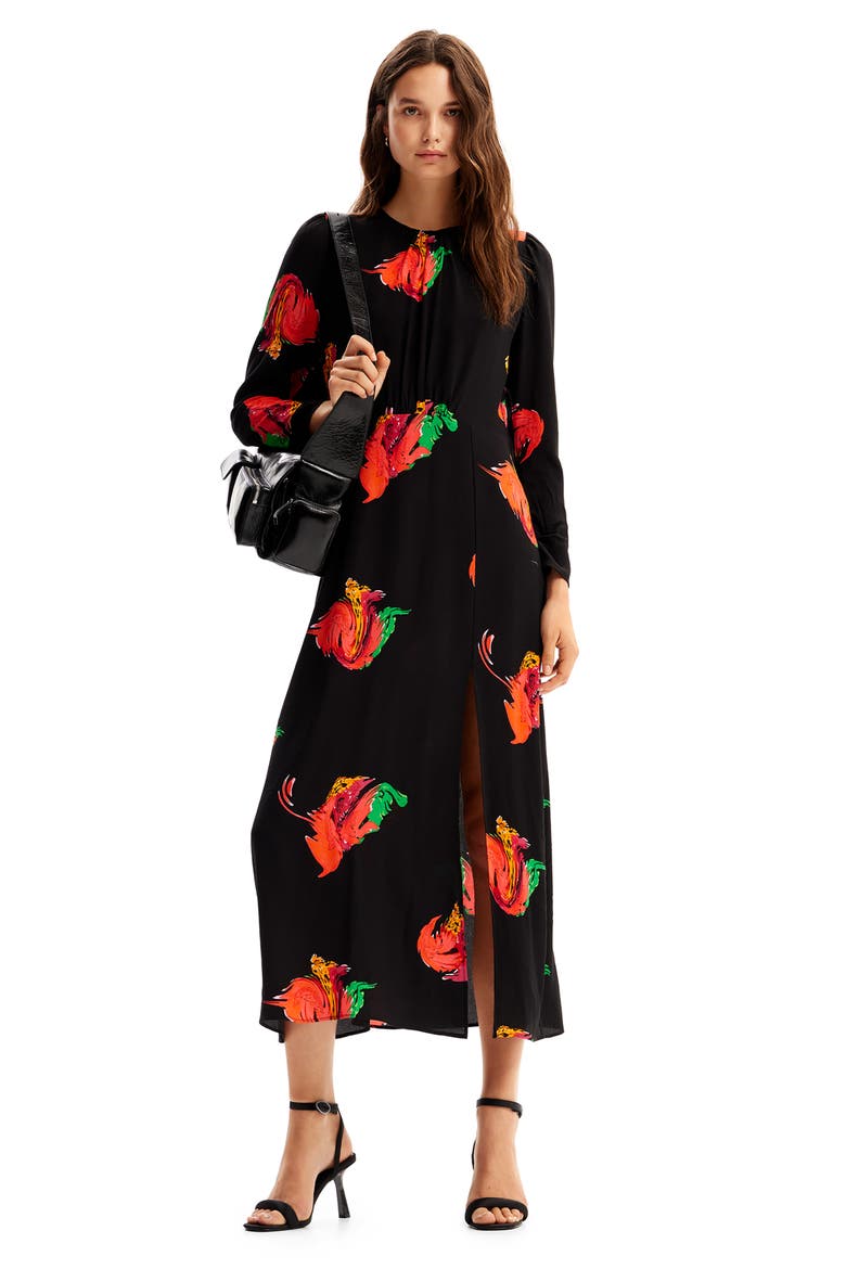 Long Floral Slit Dress, Alternate, color, BLACK