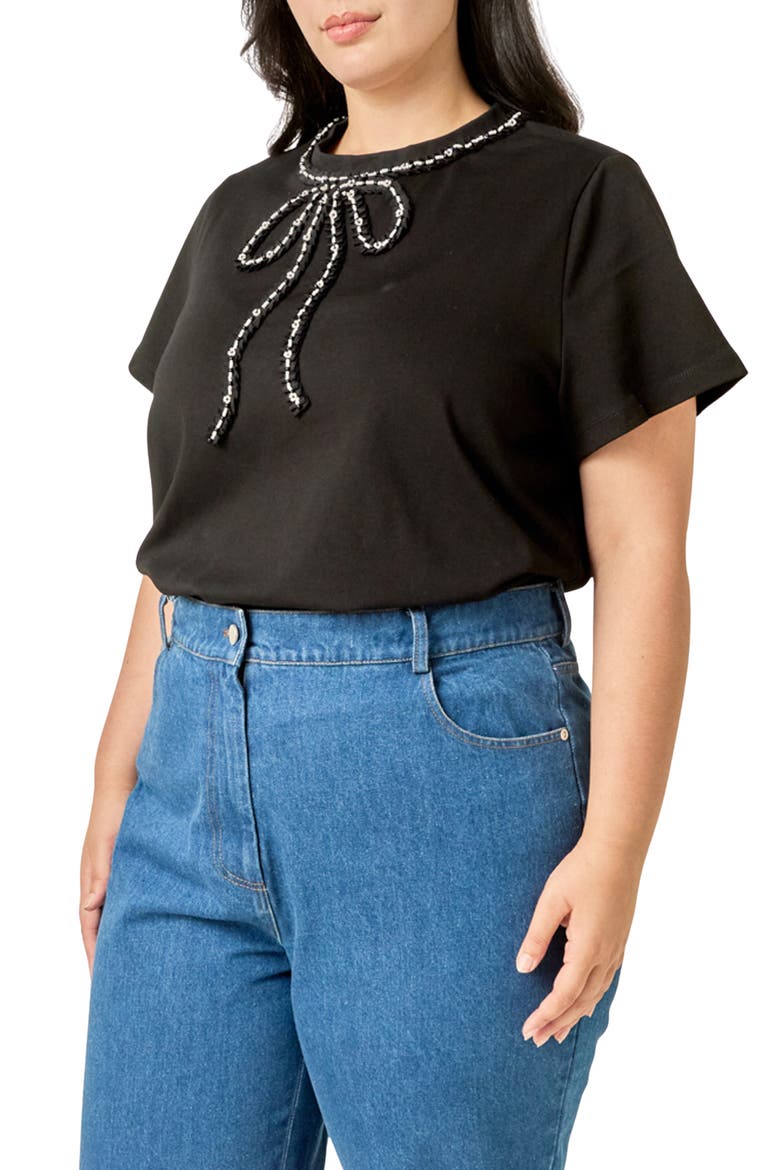 Pearl-Embellished Bow T-Shirt, Alternate, color, BLACK