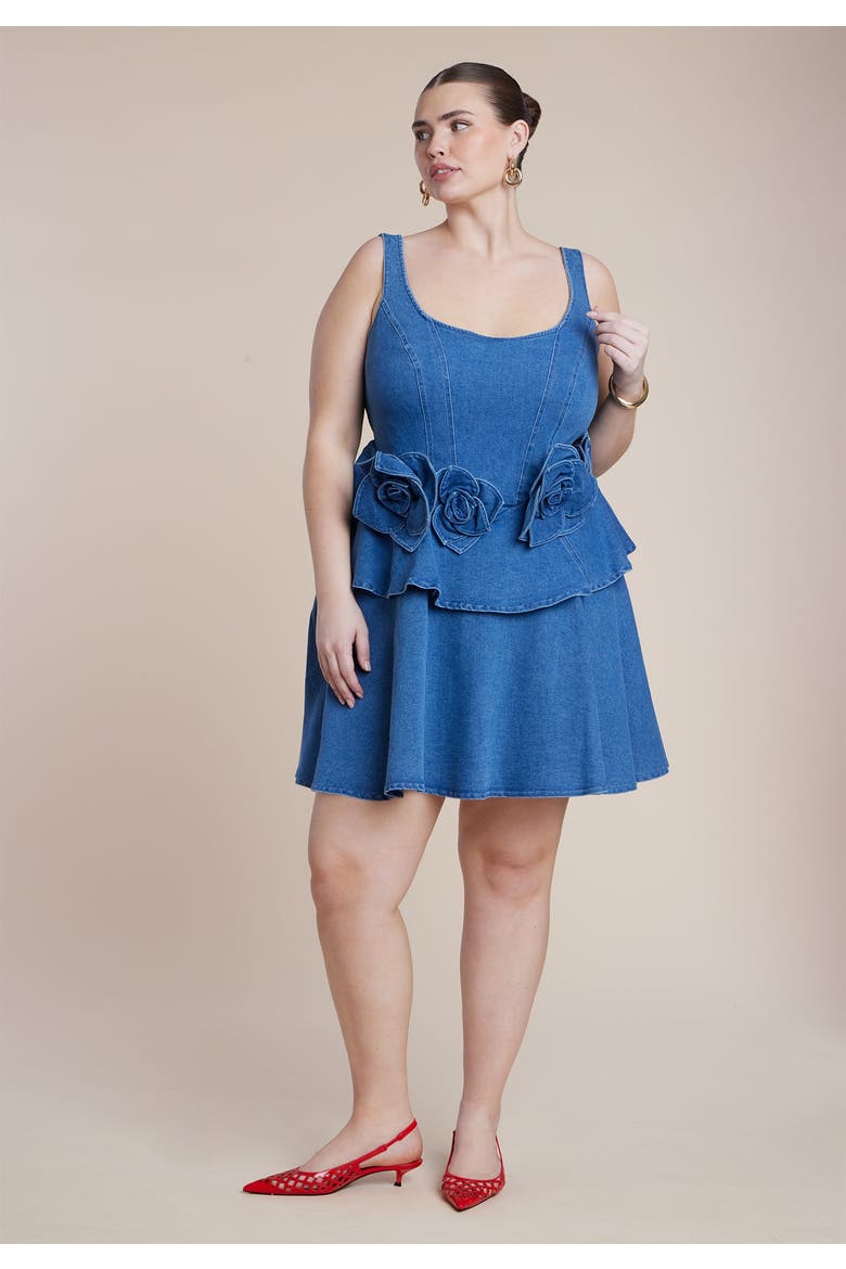 Denim Flower Applique Mini Dress, Alternate, color, MEDIUM WASH