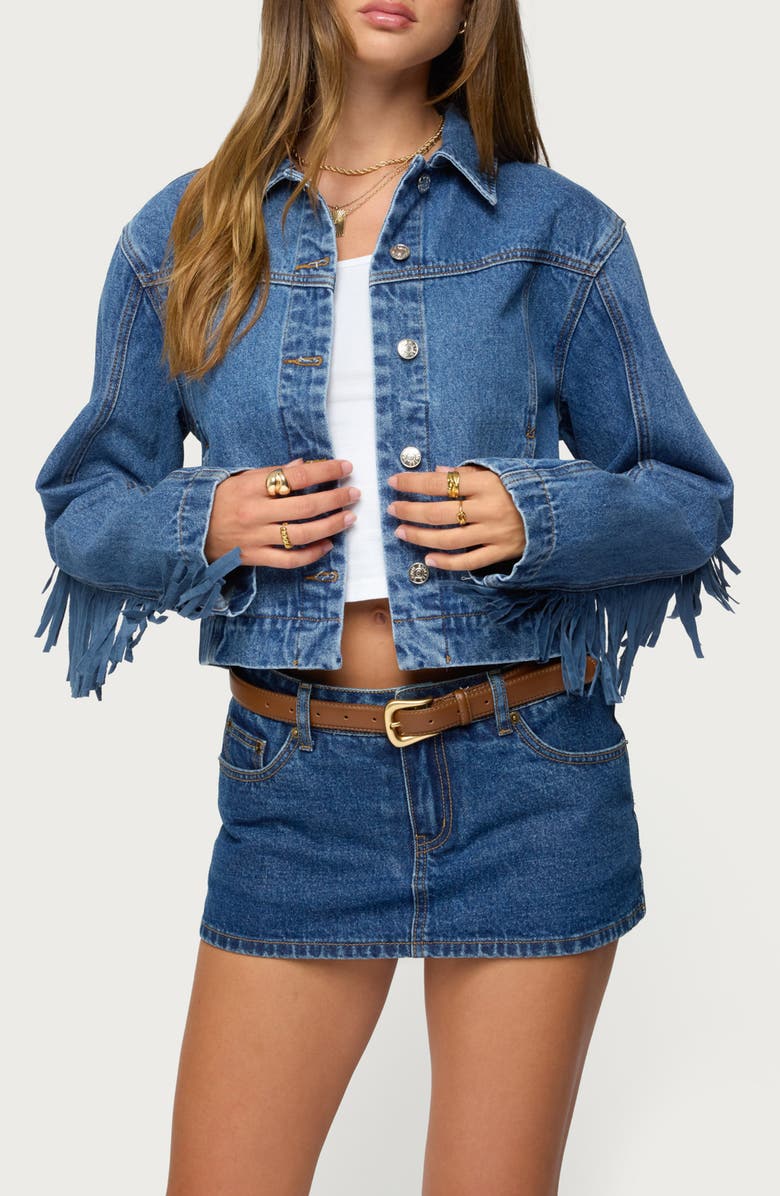 EDIKTED Maurice Fringe Denim Jacket, Main, color, Blue-Washed