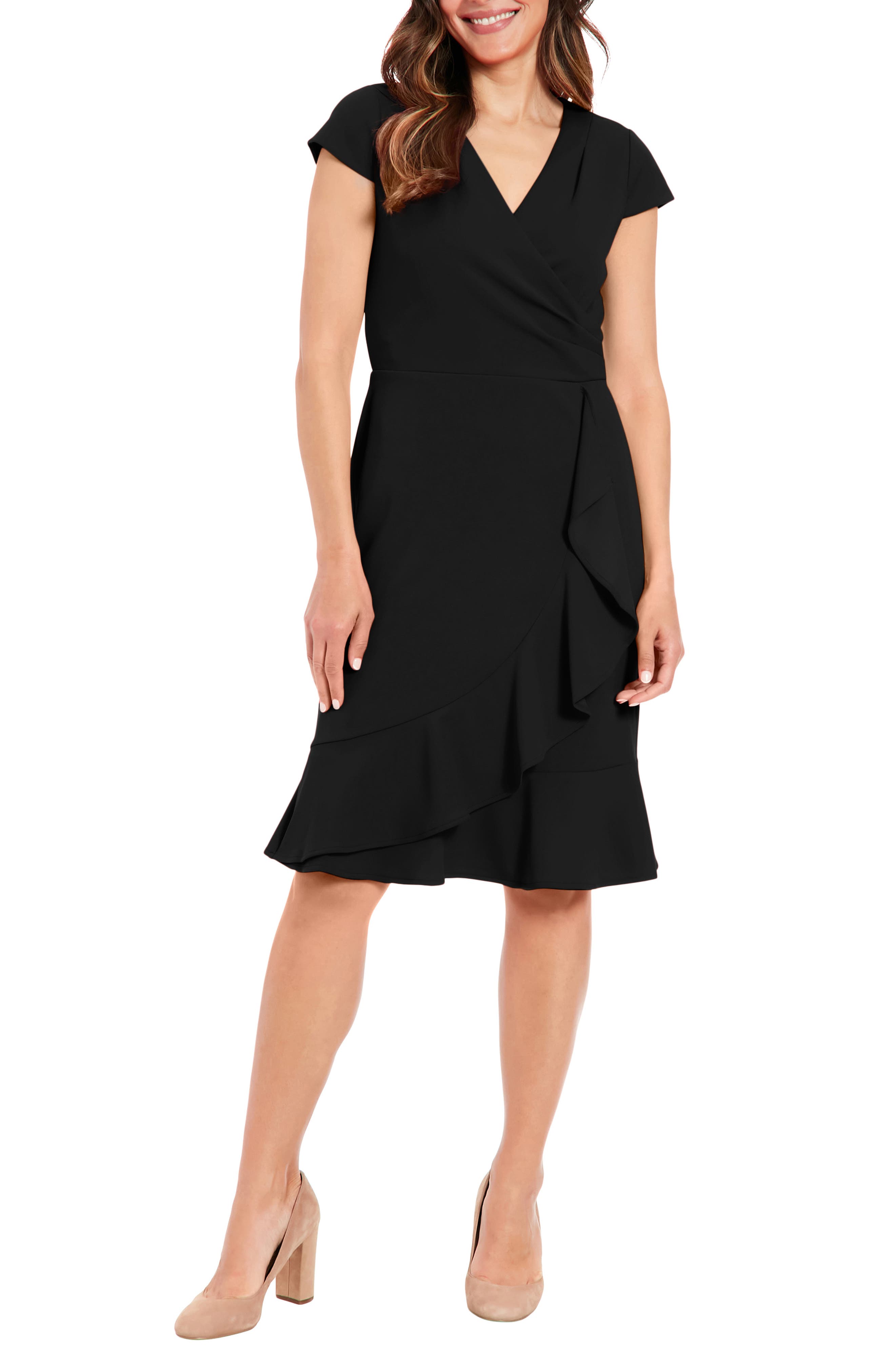 London Times Ruffle Cap Sleeve Scuba Knit Dress