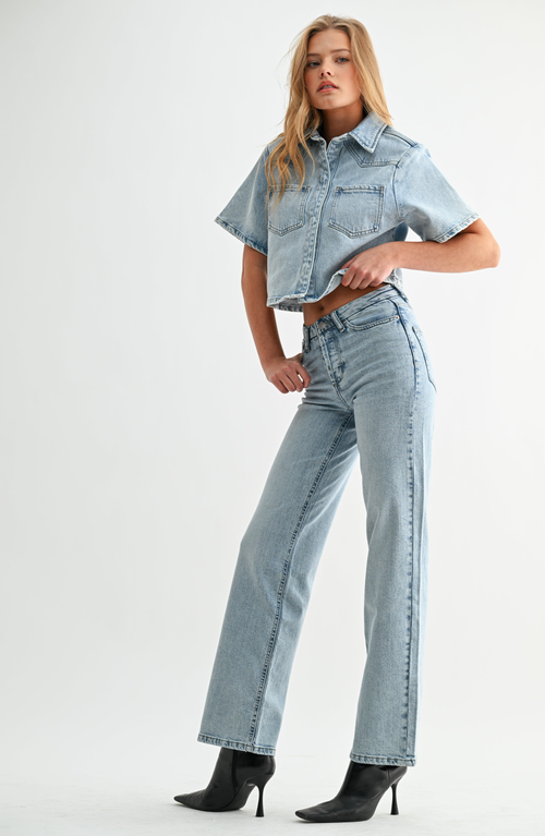Jemina Denim High Rise Hidden Waistband Straight Leg Jeans In Blue