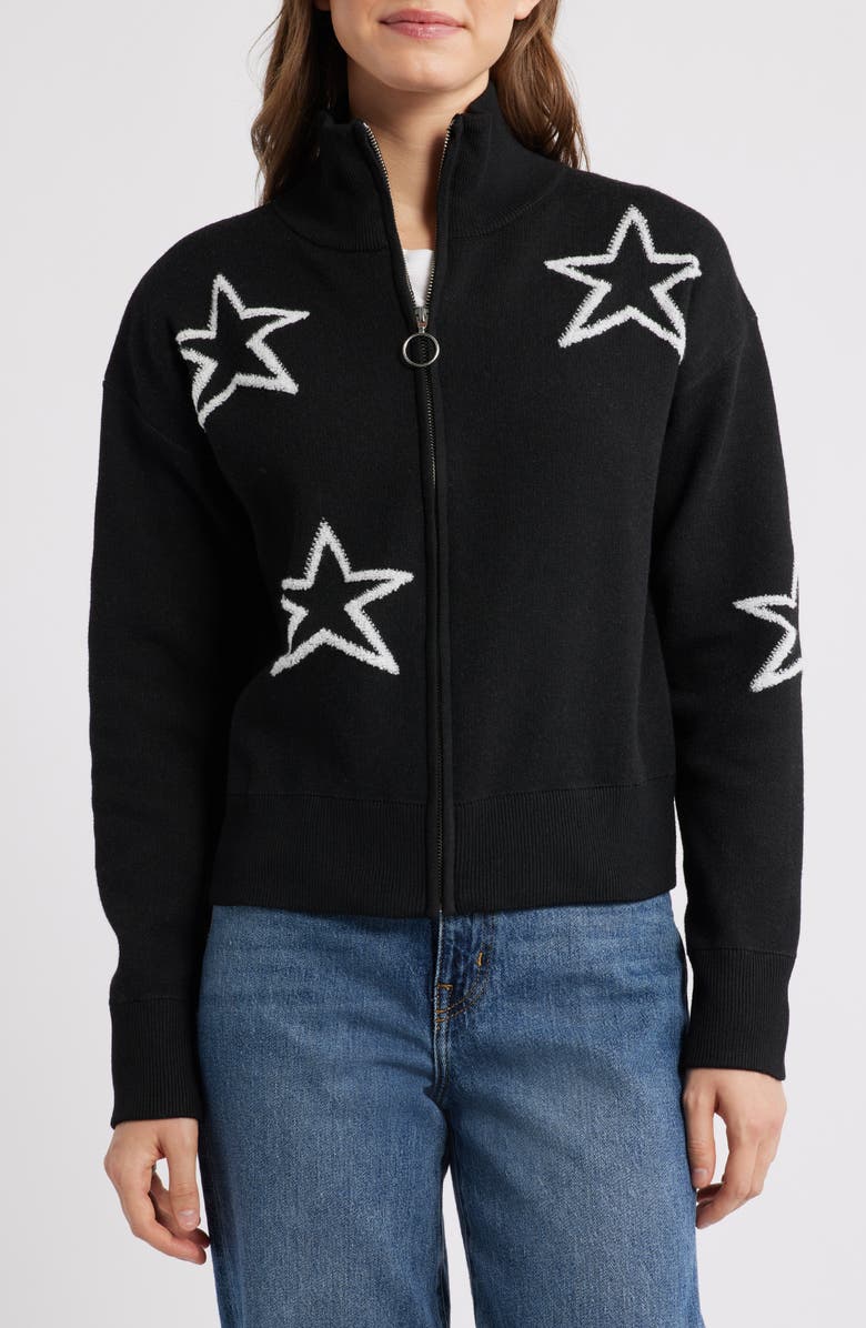 Bobeau Star Zip Cardigan, Alternate, color, Black