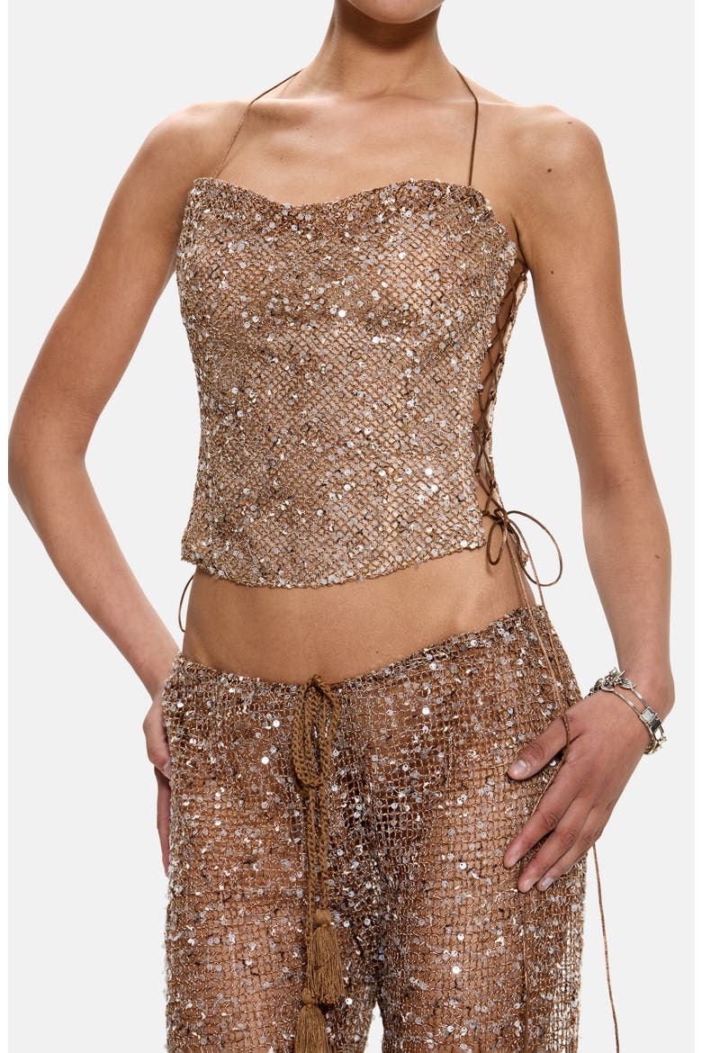 Deva Sequin Knit Corset Top, Main, color, GOLD