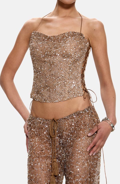 Sequin Crop Lace-Up Side Corset Top