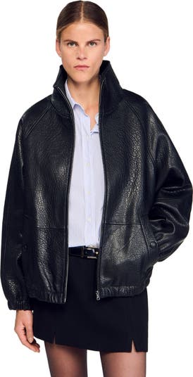 【海外限定】Sandroレザージャケット☆Oversized-collar relaxed SANDRO Oversized Leather Jacket | Brown | FARFETCH