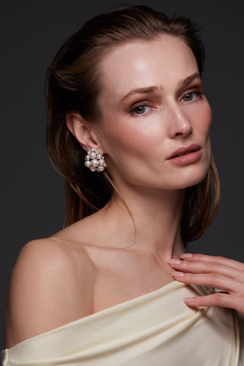 Ingrid Pearl And CZ Cluster Shield Earrings, Alternate, color, Rhodium