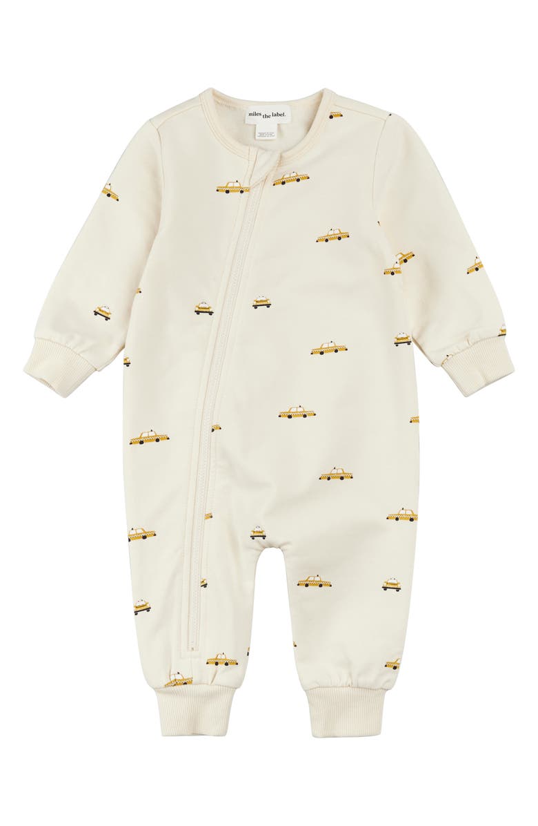 MILES THE LABEL Taxi Print French Terry Zip Romper, Main, color, Beige