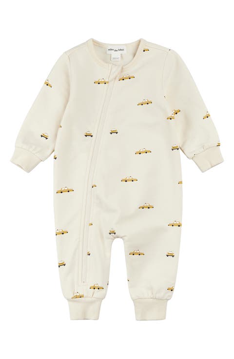 Taxi Print French Terry Zip Romper (Baby)