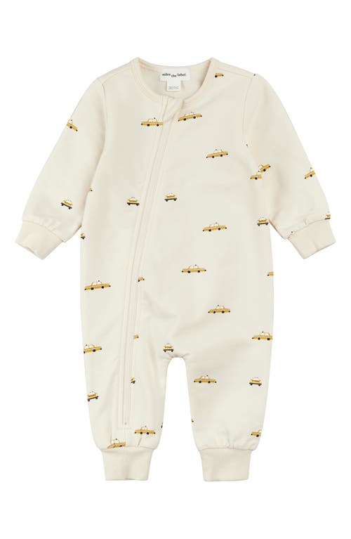 Miles The Label Taxi Print French Terry Zip Romper In Beige