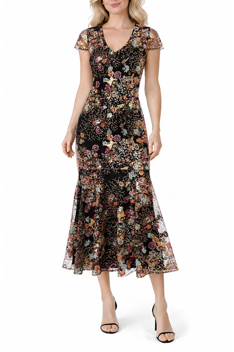 Sequin Floral Midi Dress, Main, color, BLACK/ MULTI