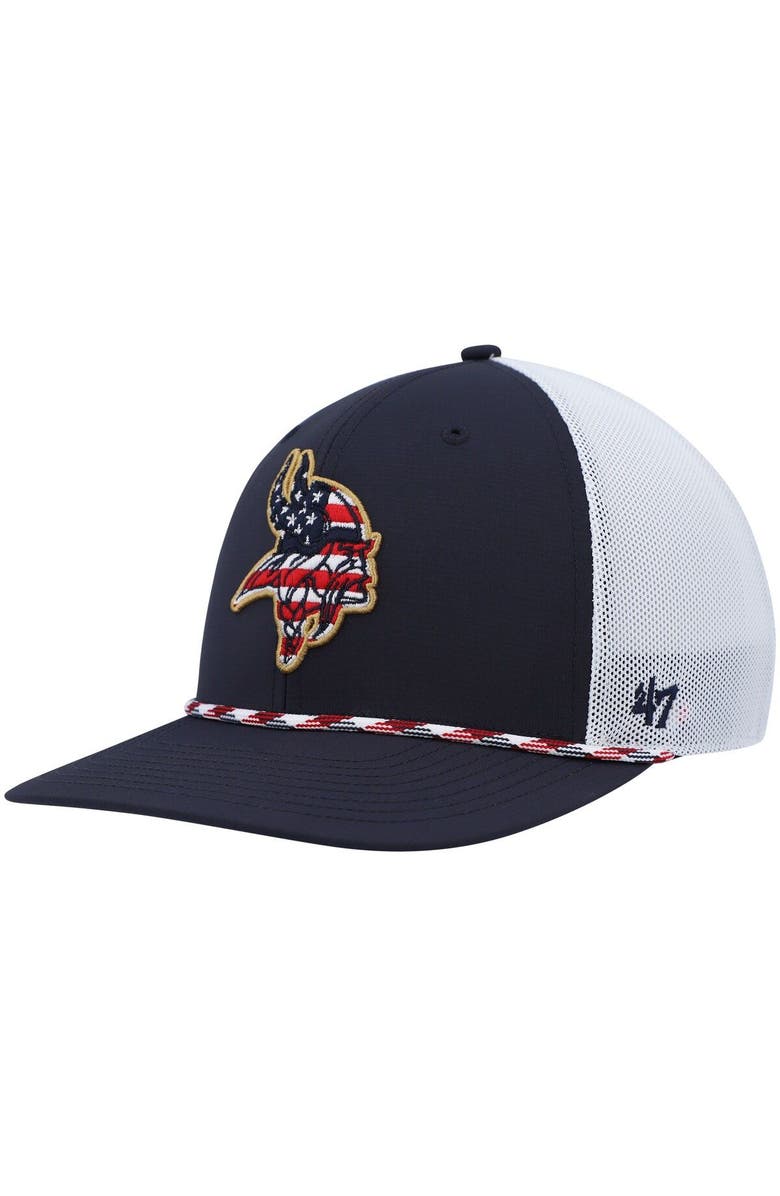'47 Men's '47 Navy/White Minnesota Vikings Flag Fill Trucker Adjustable Hat, Main, color, 