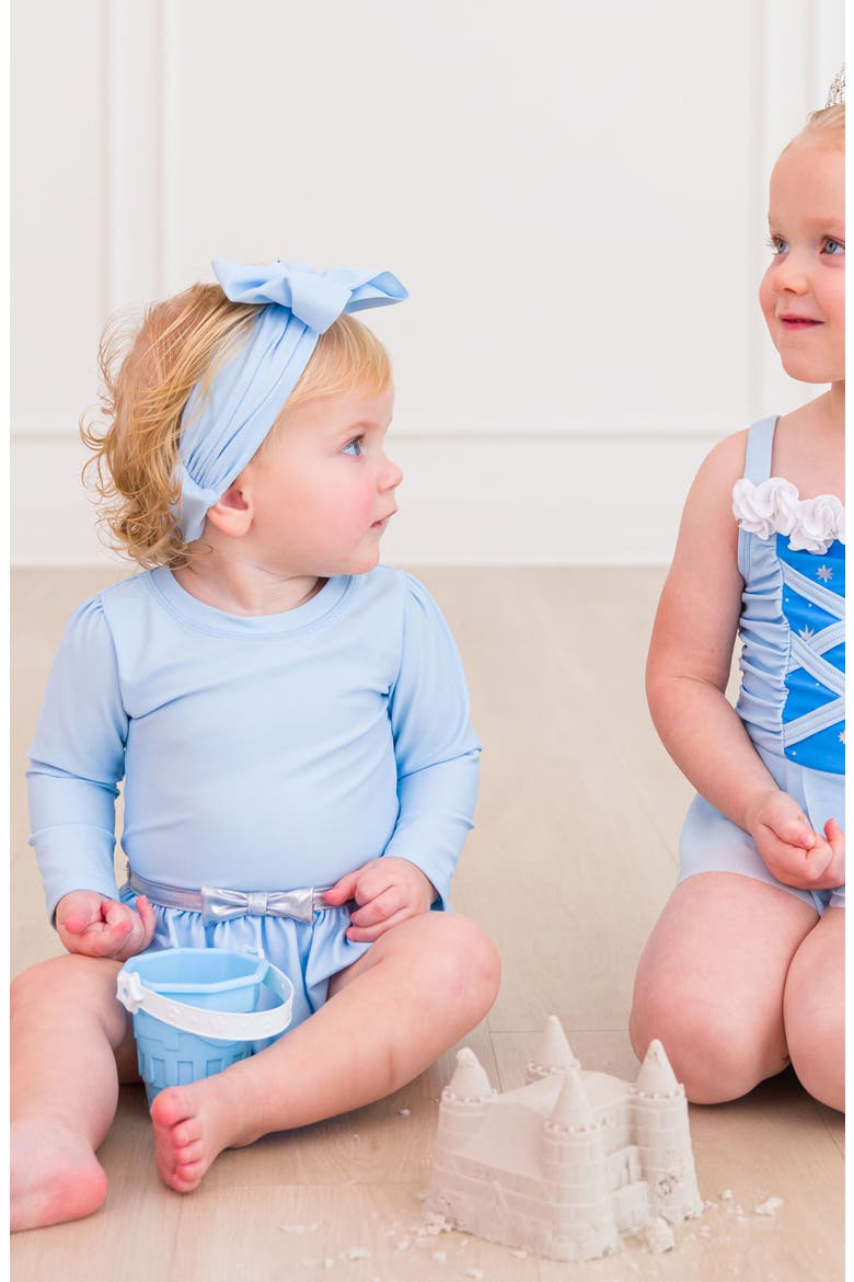 Princess One-Piece Rashguard Swimsuit & Bow Head Wrap Set, Alternate, color, BLUE