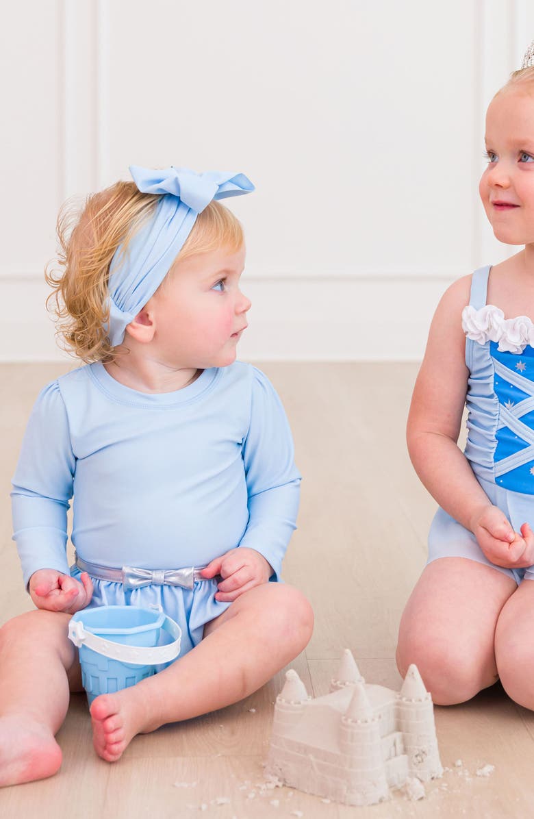 RuffleButts Princess One-Piece Rashguard Swimsuit & Bow Head Wrap Set, Alternate, color, Blue