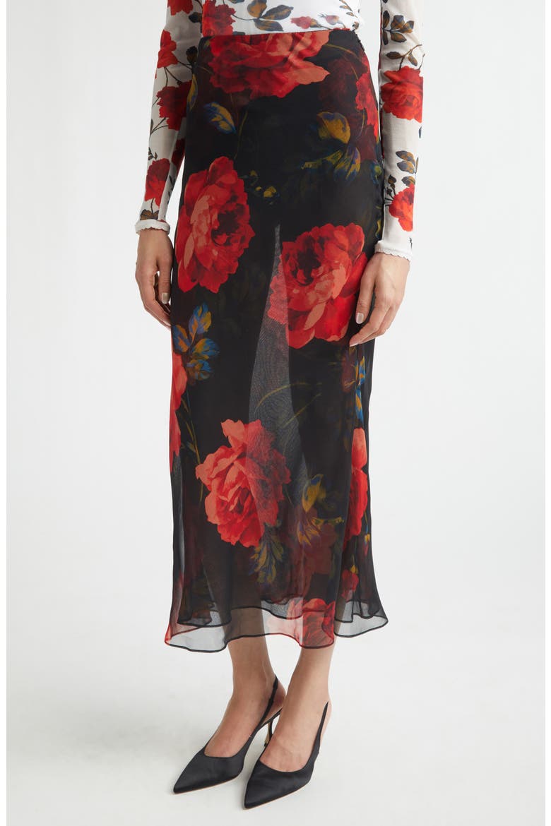 Rose Print Sheer Silk Chiffon Midi Skirt, Alternate, color, BLACK MULTI