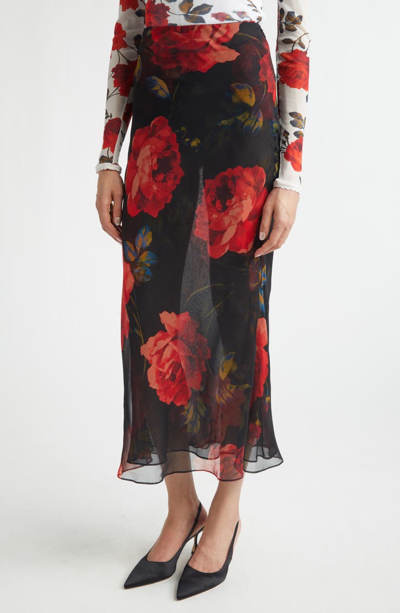 Carolina Herrera Rose Print Sheer Silk Chiffon Midi Skirt, Alternate, color, Black Multi
