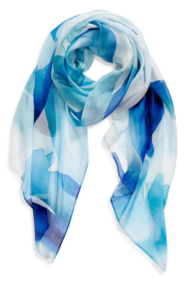Silk Chiffon Oblong Scarf, Alternate, color, BLUE LAYERED LEAVES PRINT