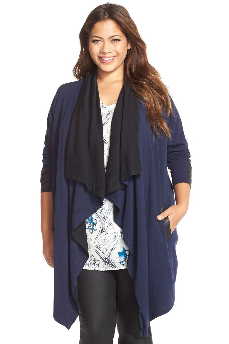 Faux Leather Trim Waterfall Cardigan, Main, color, NAVY/ BLACK