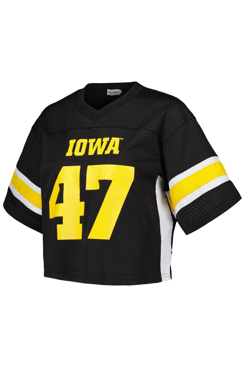 Women's Established & Co. #47 Black Iowa Hawkeyes Fashion Boxy Cropped Football Jersey, Alternate, color, Black