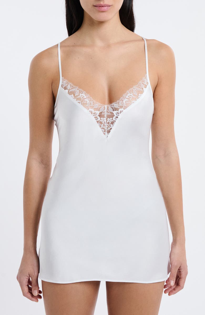 Etam Mascarade Lace Trim Satin Chemise, Main, color, White