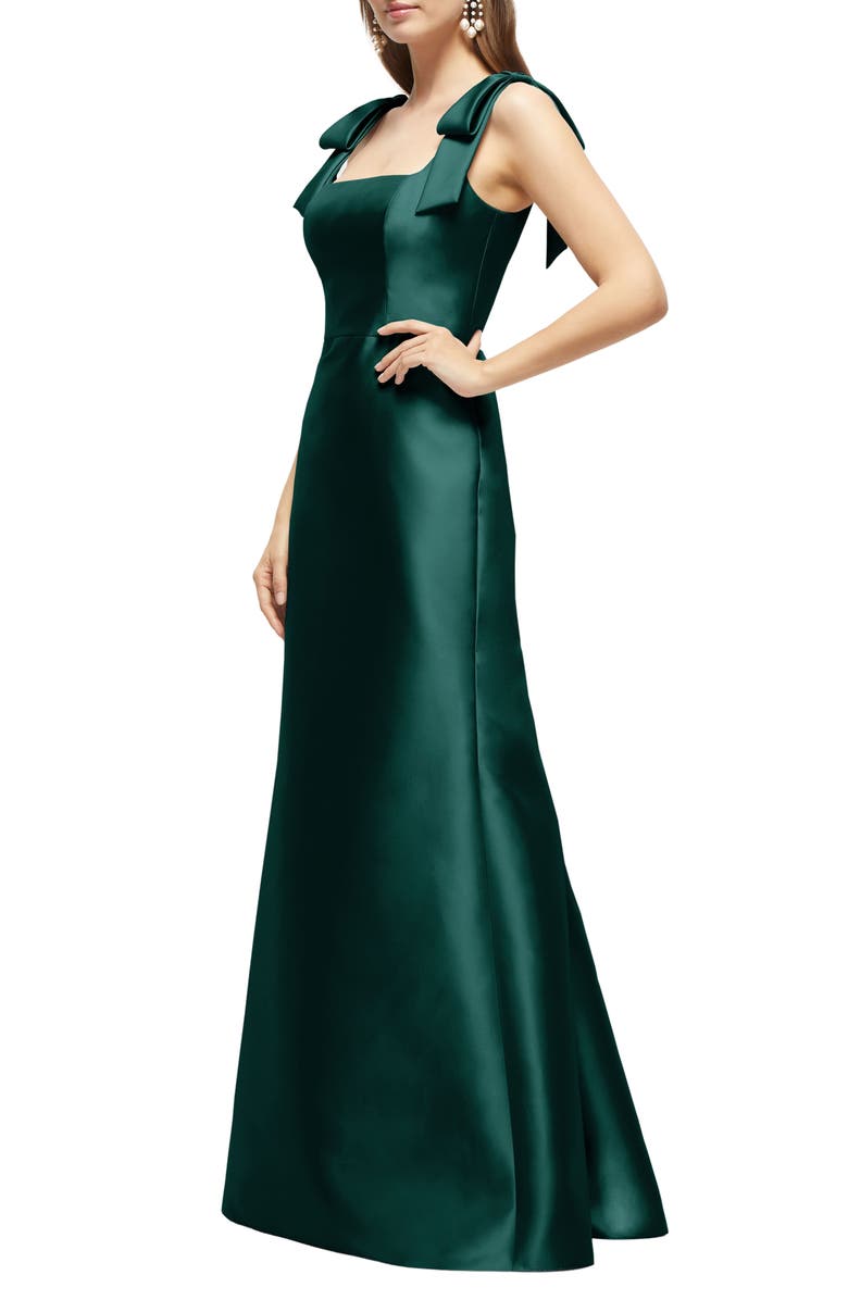 Alfred Sung Bow Strap Satin Twill Trumpet Gown, Alternate, color, Evergreen