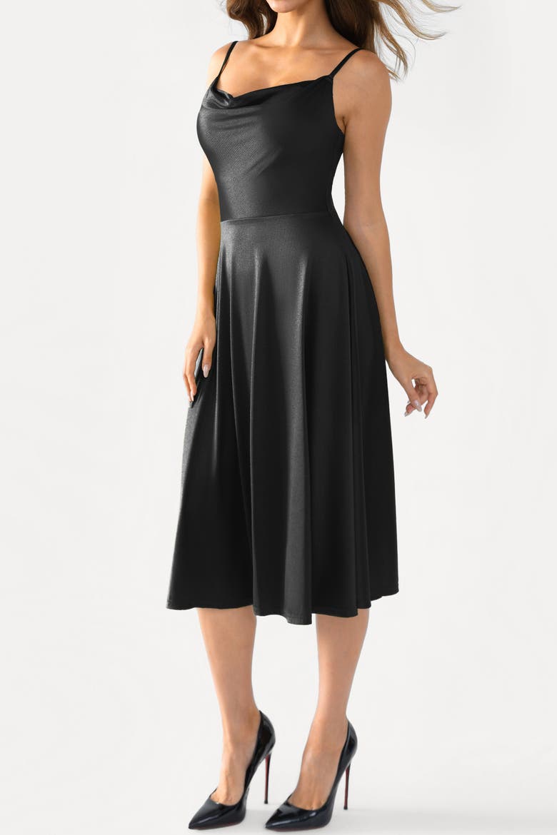 Shapewear Strappy Cowl Neck Vacation & Date Night Fit & Flare Midi Dress, Alternate, color, Midnight Black