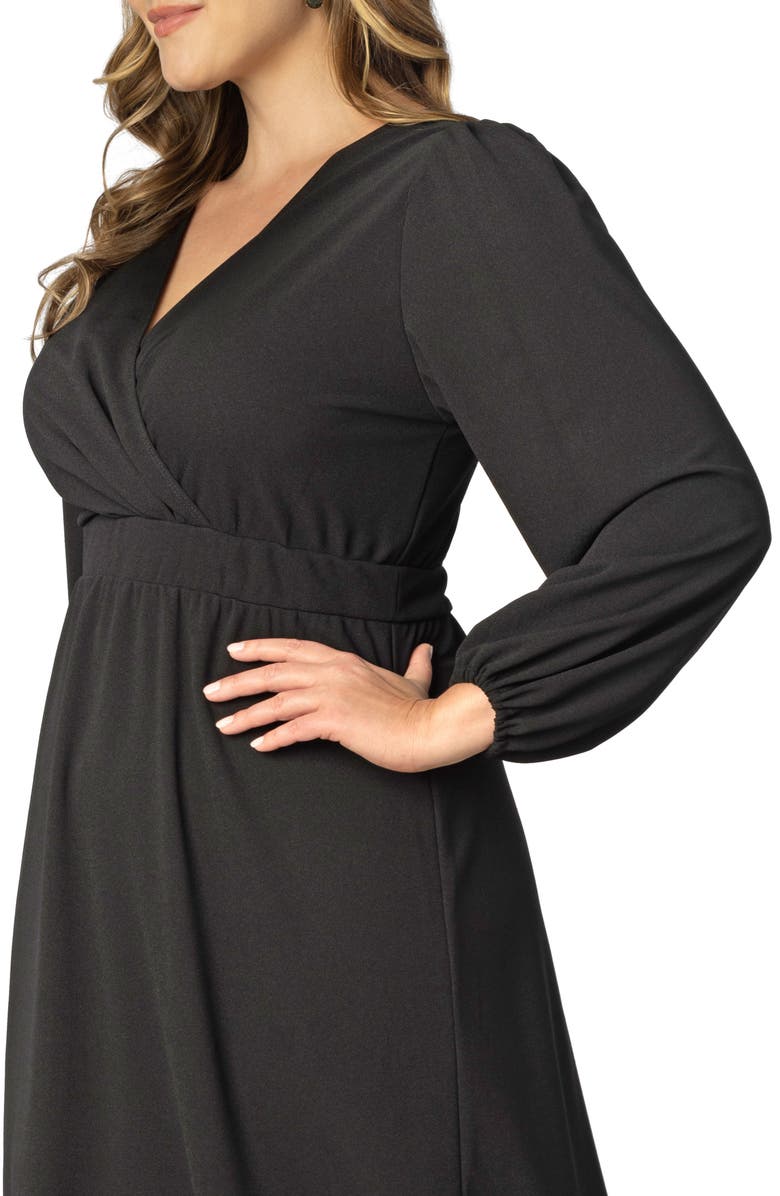 Kiyonna Portia Long Sleeve Midi Faux Wrap Cocktail Dress, Alternate, color, Black Noir