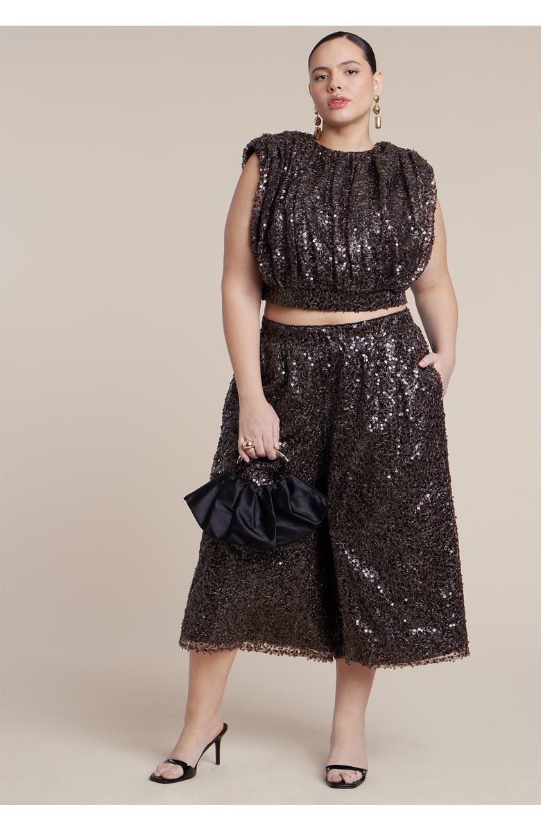 ELOQUII Sequin Pull On Wide Leg Culotte, Alternate, color, Dark Brown