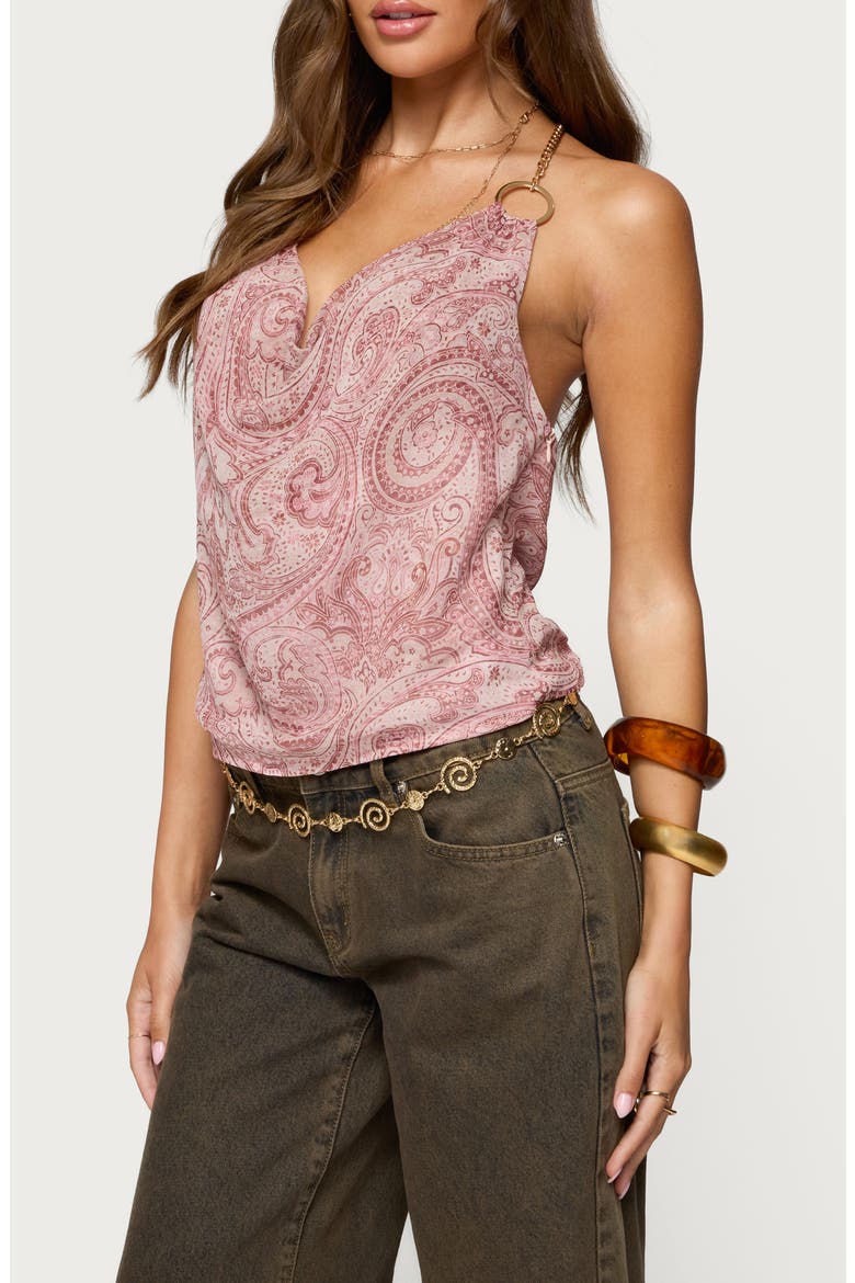 Plunge Cowl Neck Chain Crop Halter Top, Alternate, color, PINK
